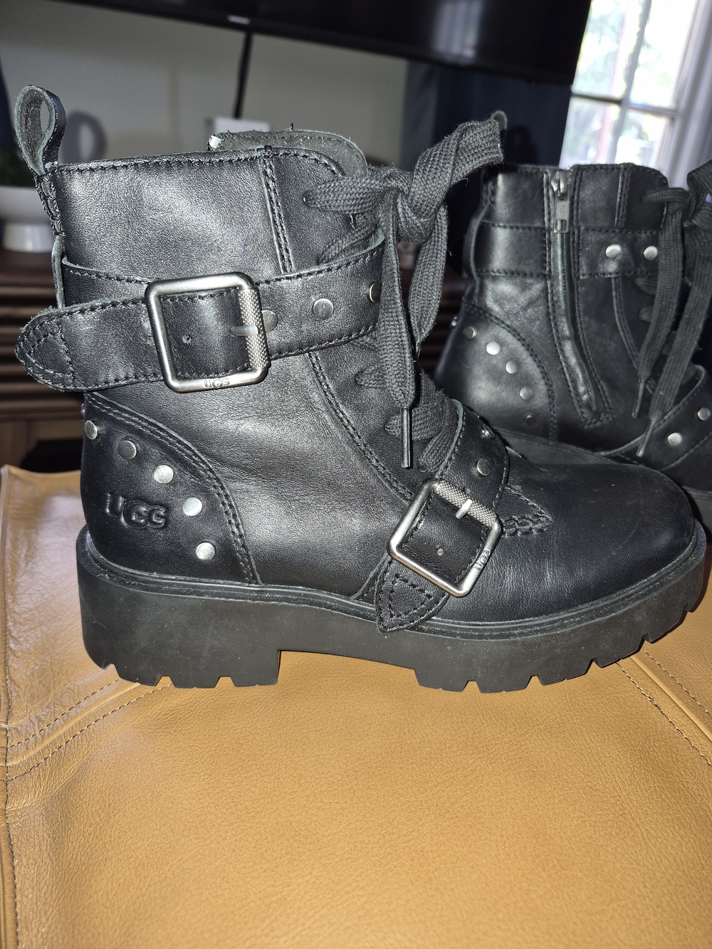 UGG Women's Black Leather Combat Boots with Buckle & Stud Detail